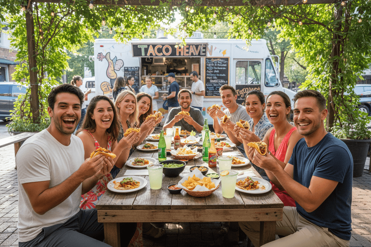 Customers enjoying tacos at outdoor seating