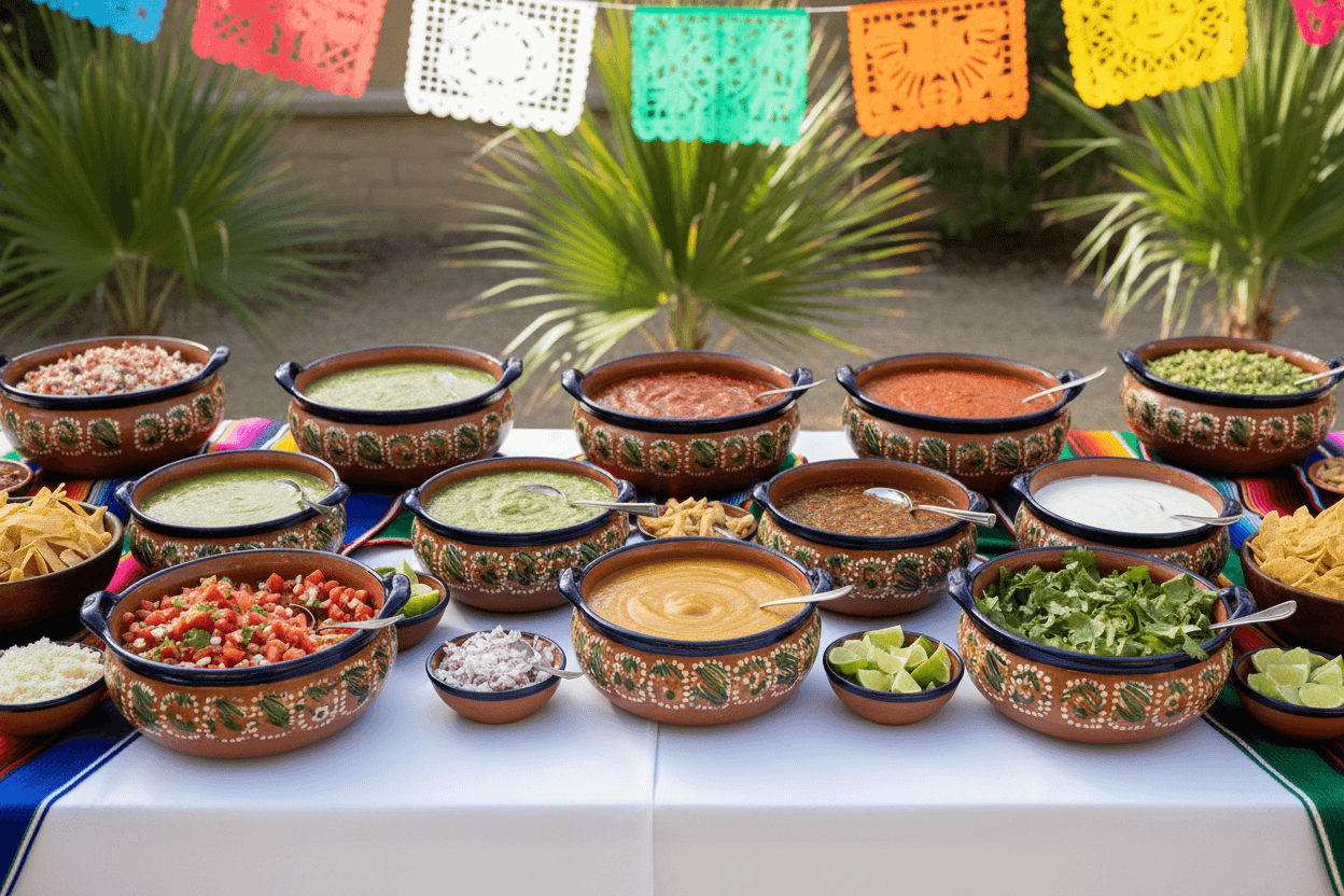 Fresh salsas and toppings bar display