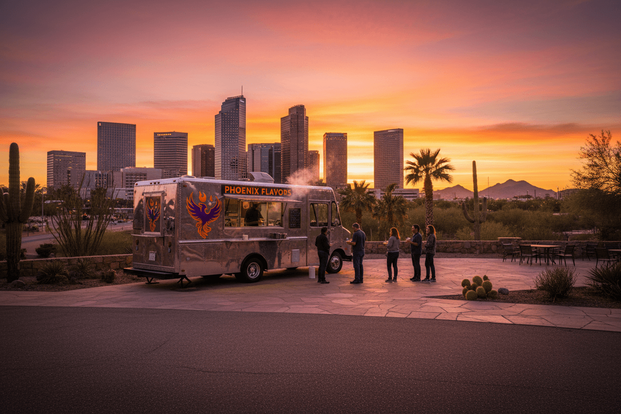 Food truck with Phoenix skyline at sunset