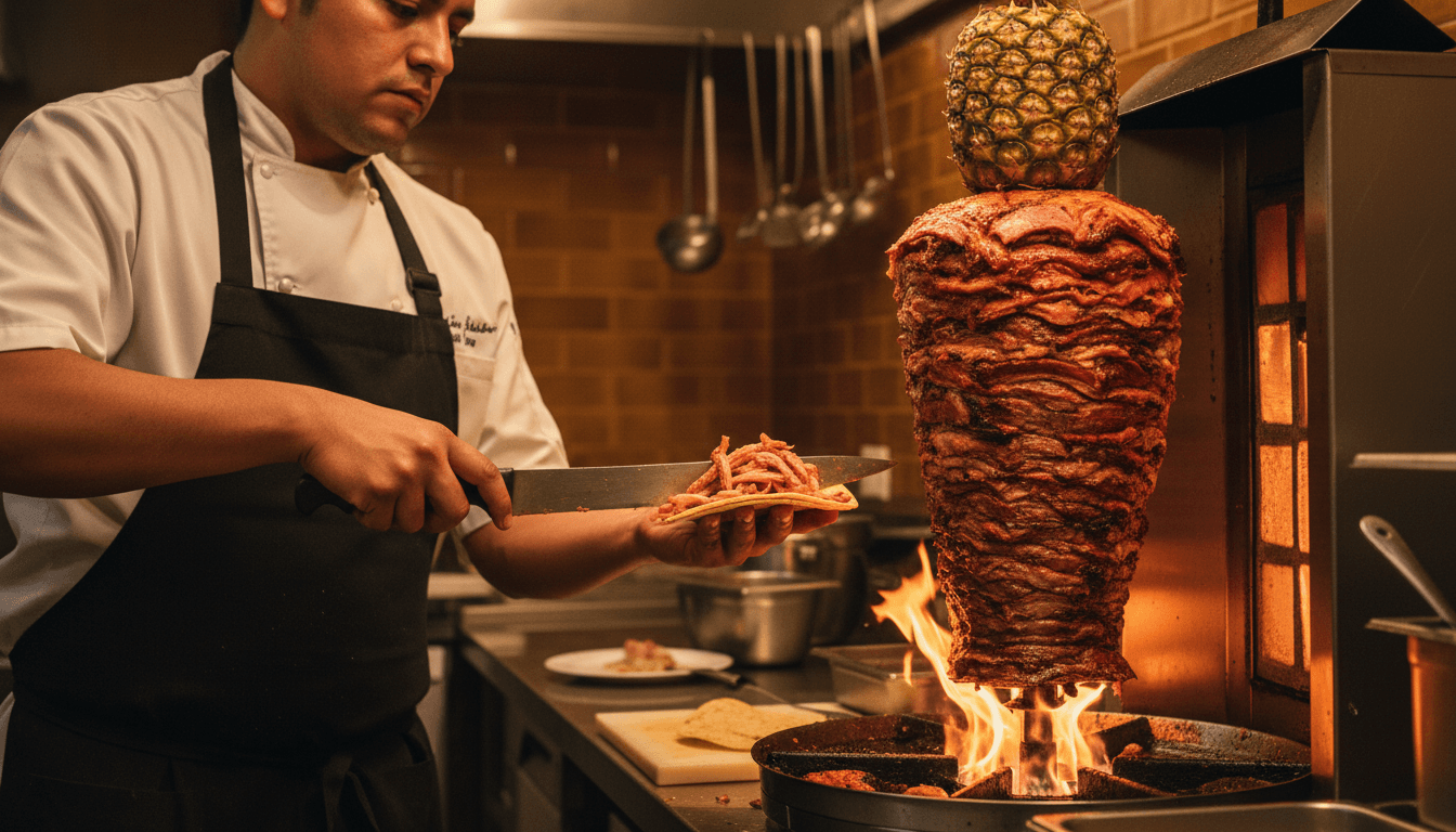 Chef carving al pastor meat from traditional trompo