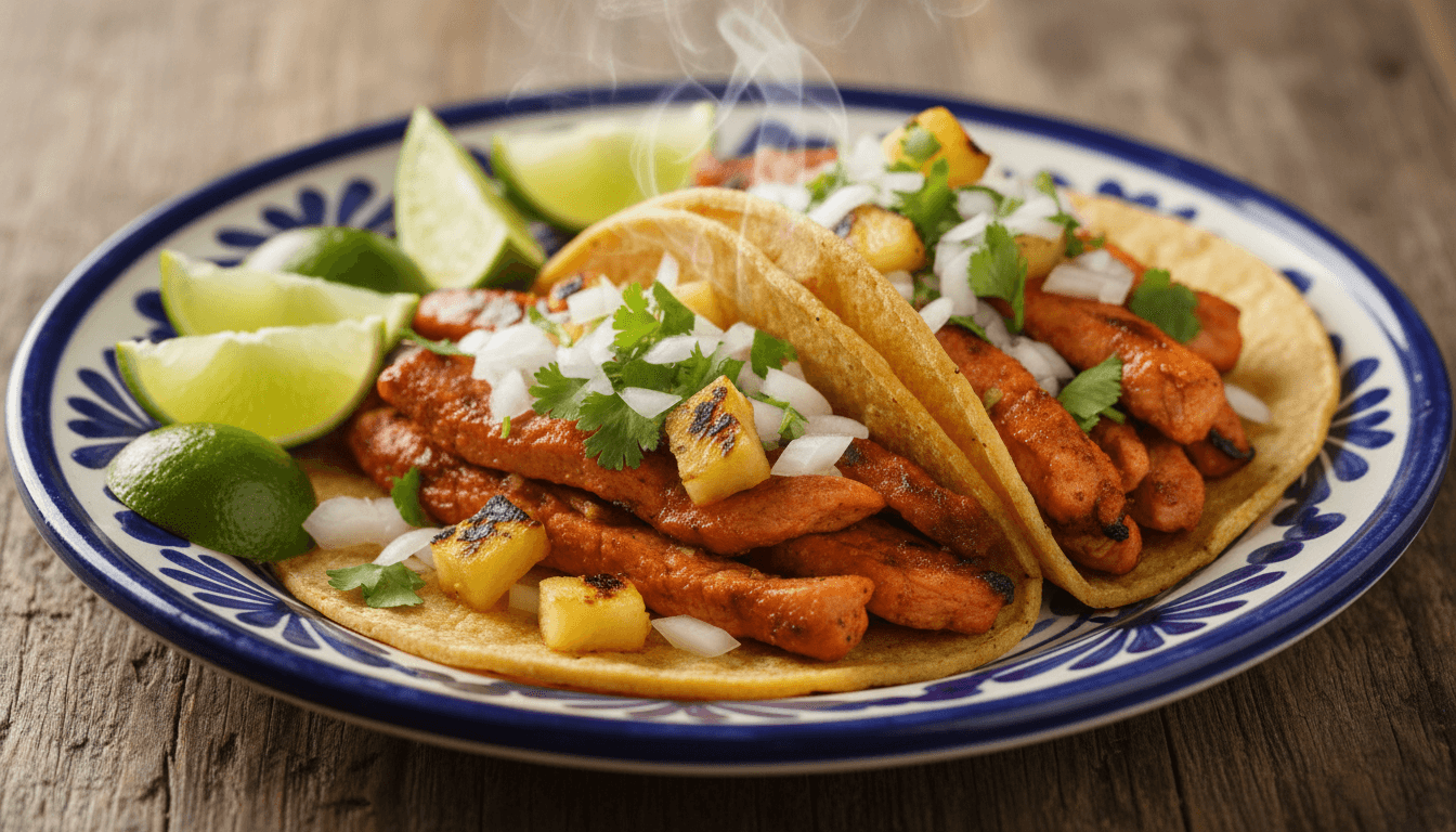 Authentic tacos al pastor with cilantro, onions, and pineapple